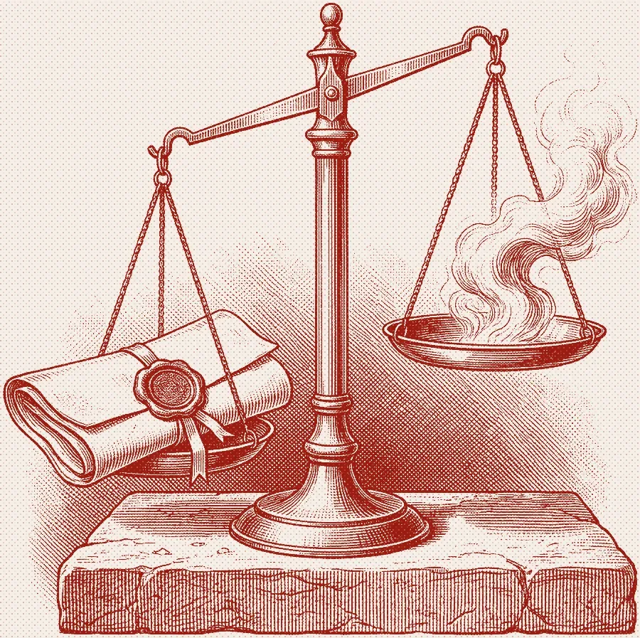 An engraving of a brass balance scale: one pan holds a document closed with a wax seal and hangs low, the other holds only rising smoke and rides high.