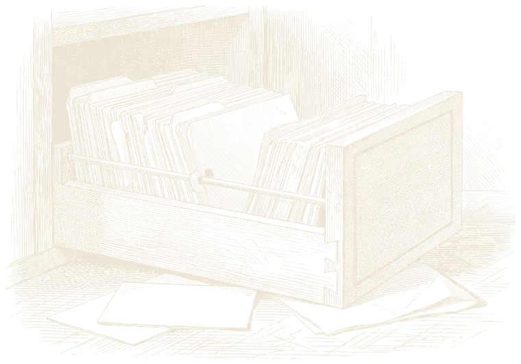 An engraving of a library card-catalogue drawer pulled open, packed with index cards, a few of them fallen in front of it.