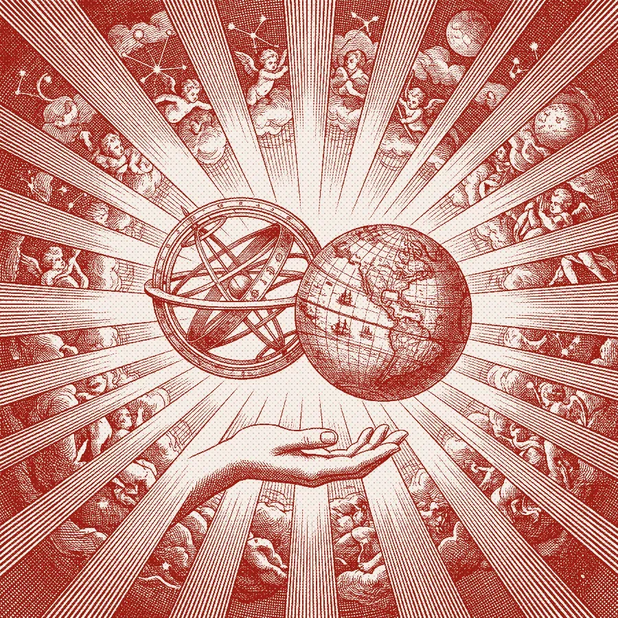 An engraving of an armillary sphere and a globe held above an open palm, surrounded by radiating beams of light.