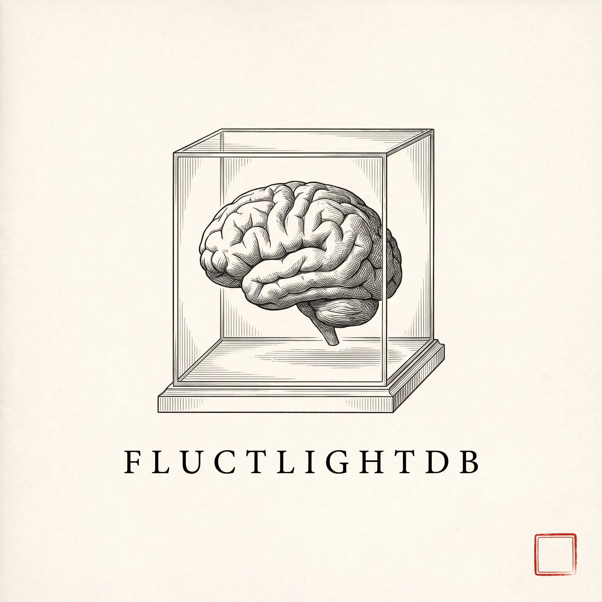 The FluctlightDB mark: an engraved human brain inside a glass display case on a plinth, with the wordmark beneath and a small red seal.