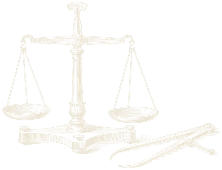 An engraving of a brass balance scale with two empty pans, a pair of calipers lying beside it.