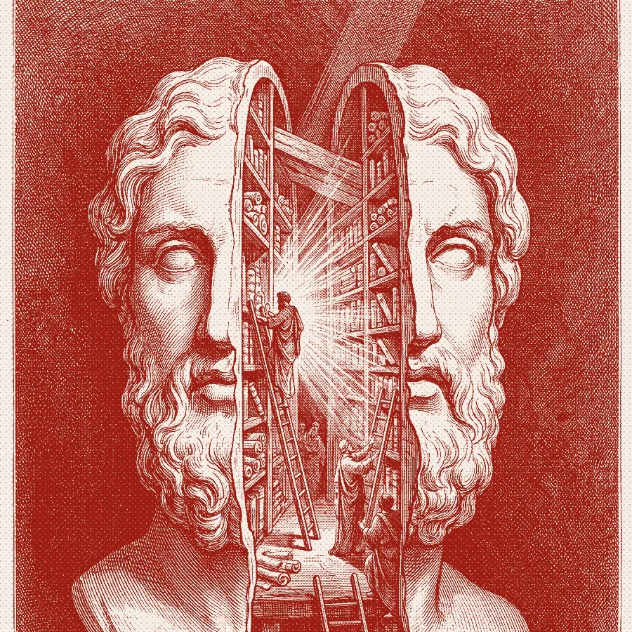 An engraving of a colossal marble head split open to reveal shelves of books inside, with a figure climbing a ladder within the skull.