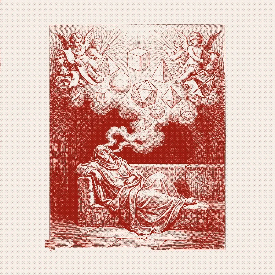 An engraving of a sleeping figure whose memories rise as smoke and crystallise into ordered geometric solids above.