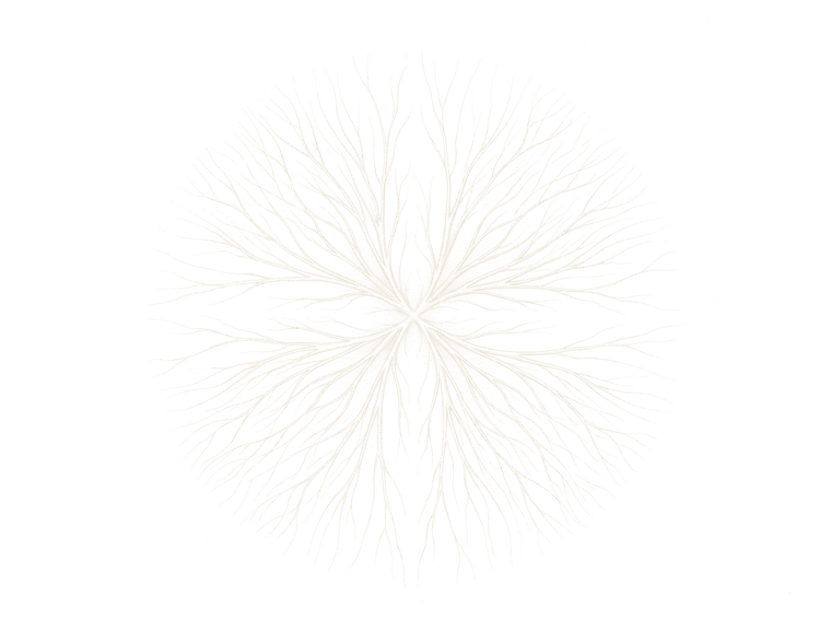 An engraving of fine branches radiating outward from a single central point and thinning as they go, like nerve dendrites.