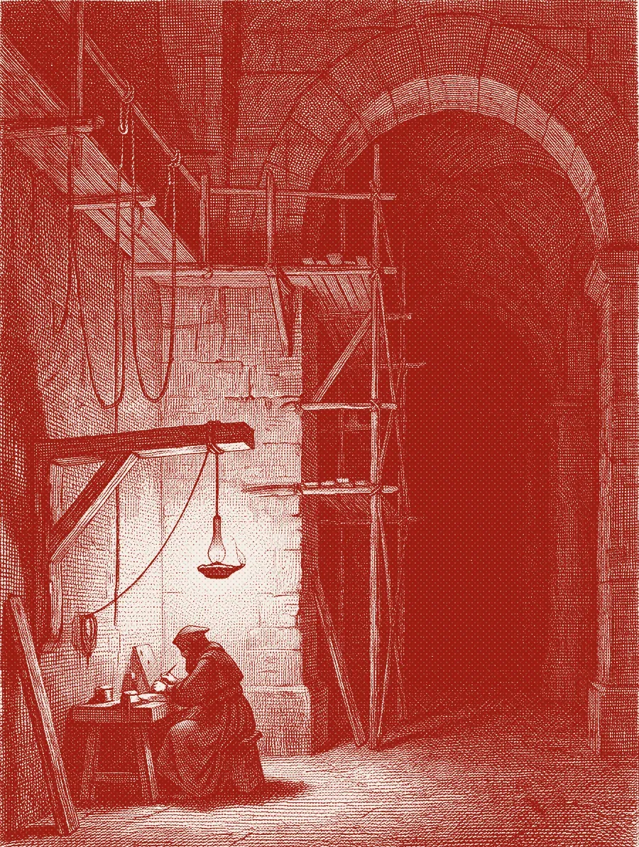 An engraving of a single figure working at a bench beneath one hanging lamp in a vast unfinished vaulted hall, with scaffolding rising into the dark.
